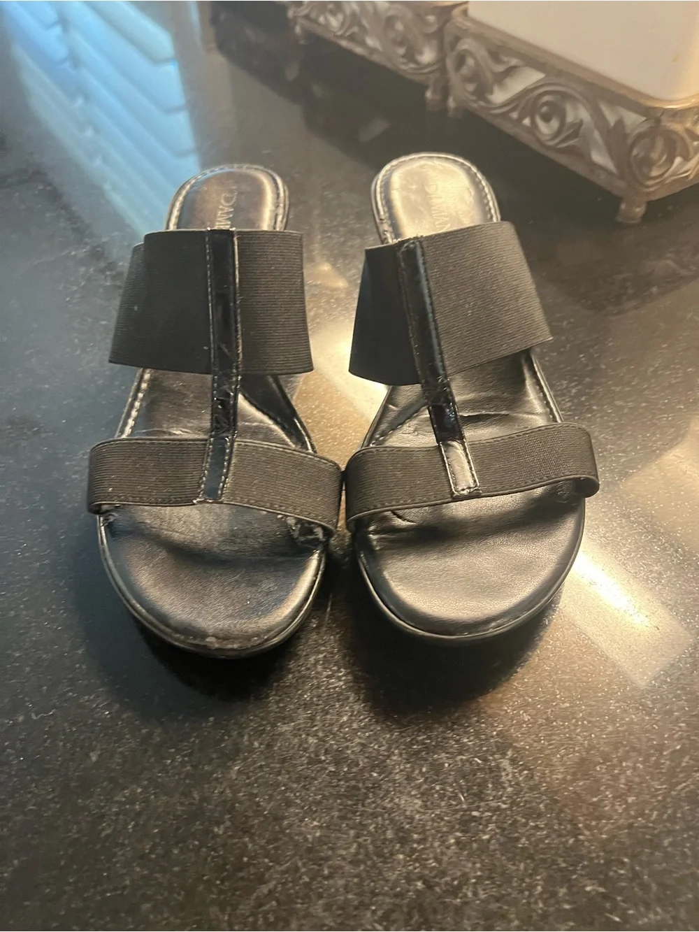 Women's Black Elastic-Strap Wedge Slides
